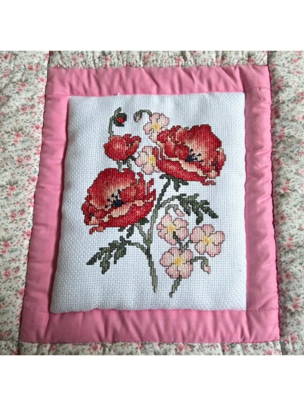 Handmade Hand Cross Stitched Embroidered Pink Floral Quilted Wall Hanging READ